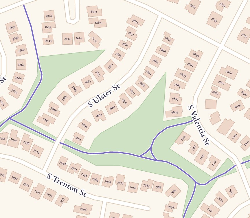 Close-up: house numbers along S Ulster St and a walking trail