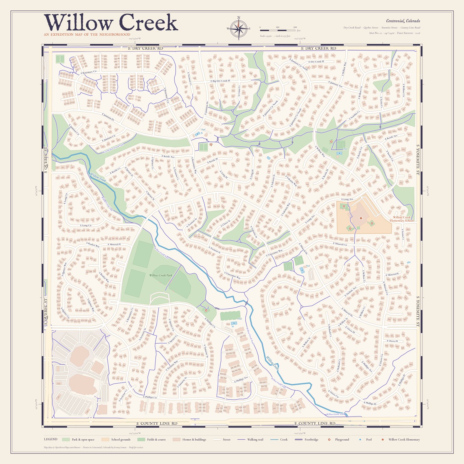 The Willow Creek Expedition wall map: streets, trails, creek, parks and Willow Creek Elementary inside Dry Creek Rd, Quebec St, Yosemite St and County Line Rd